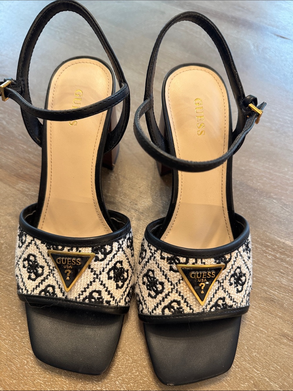 GUESS Black & White Embroidered Slingback Block Heel Sandals
